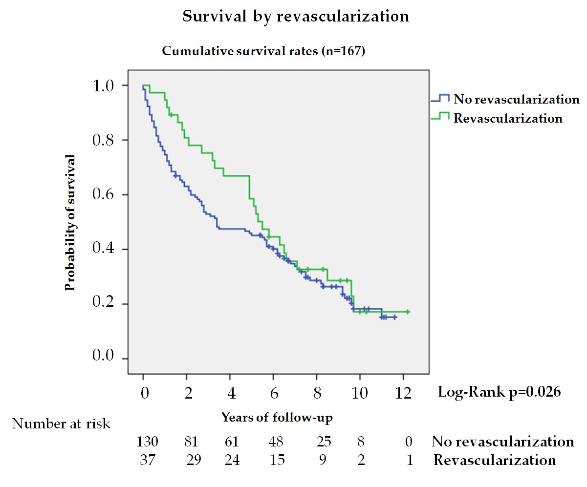 Figure 4. Kaplan—Meier curves for survival. Survival by SINBADSurvival by revascularization in patients with ischemic lesion (n = 167). 