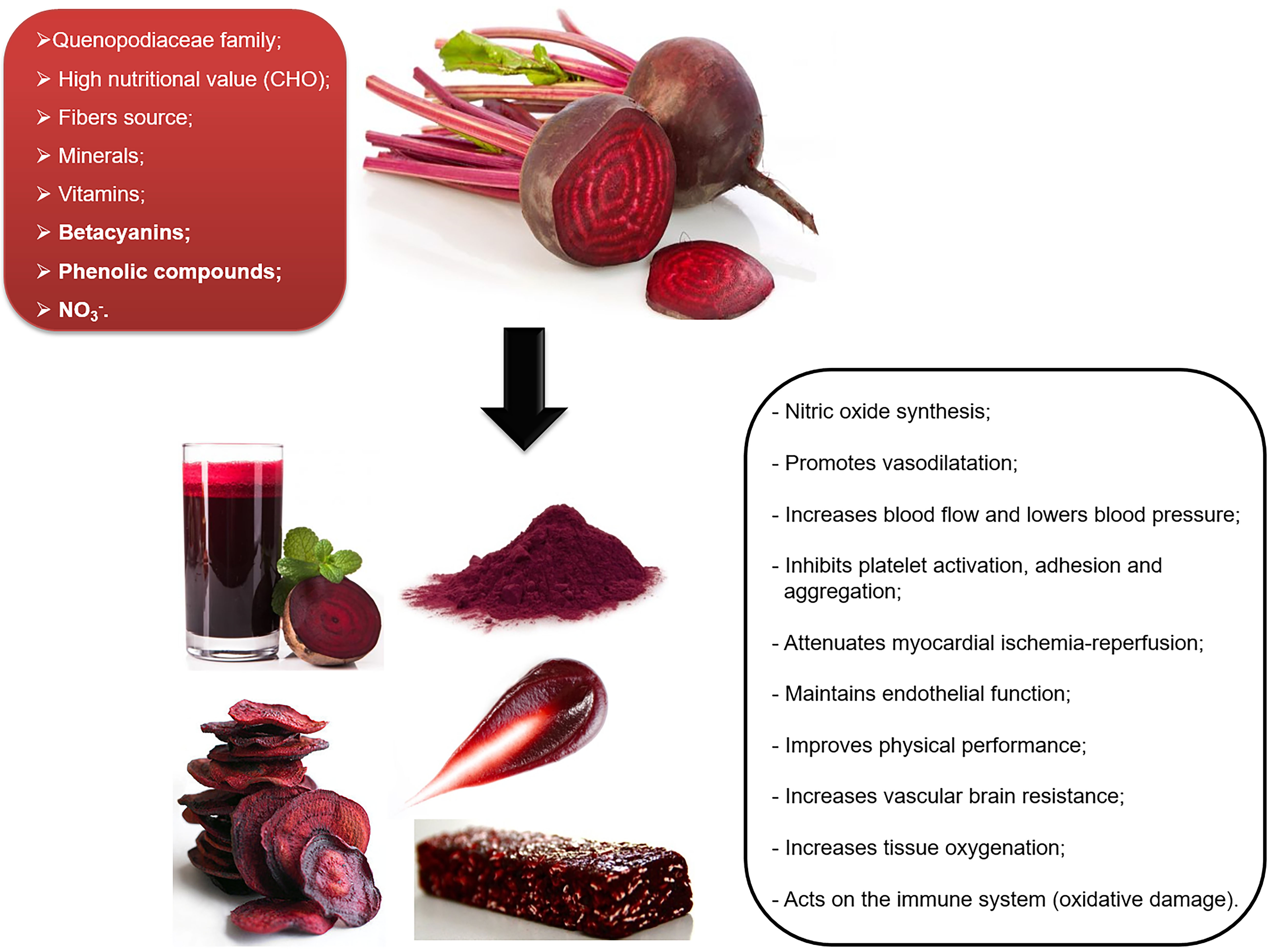 Figure 1. Beetroot formulations designed for dietary interventions and their positive effects on human health.